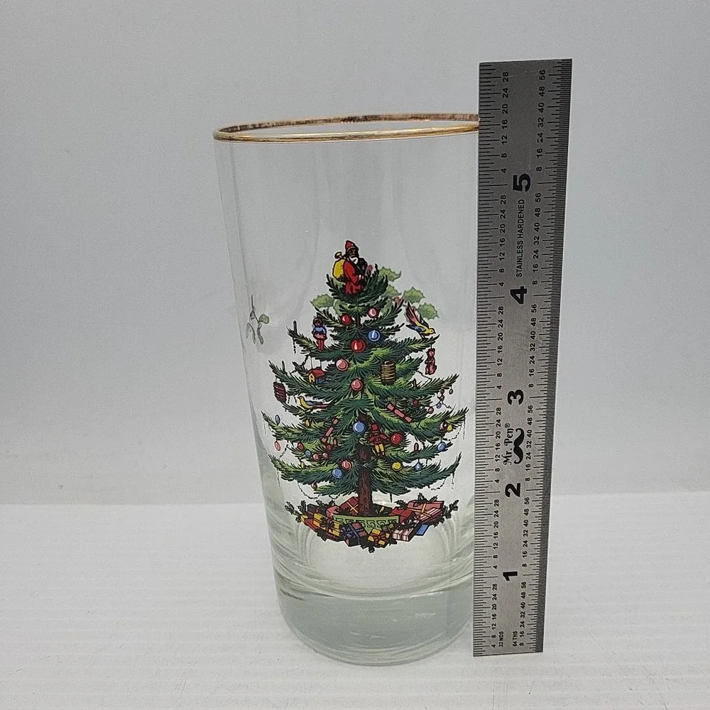Spode Christmas Tree Glass Highball Gold Rim Mistletoe 5.5 Inch Made in UK